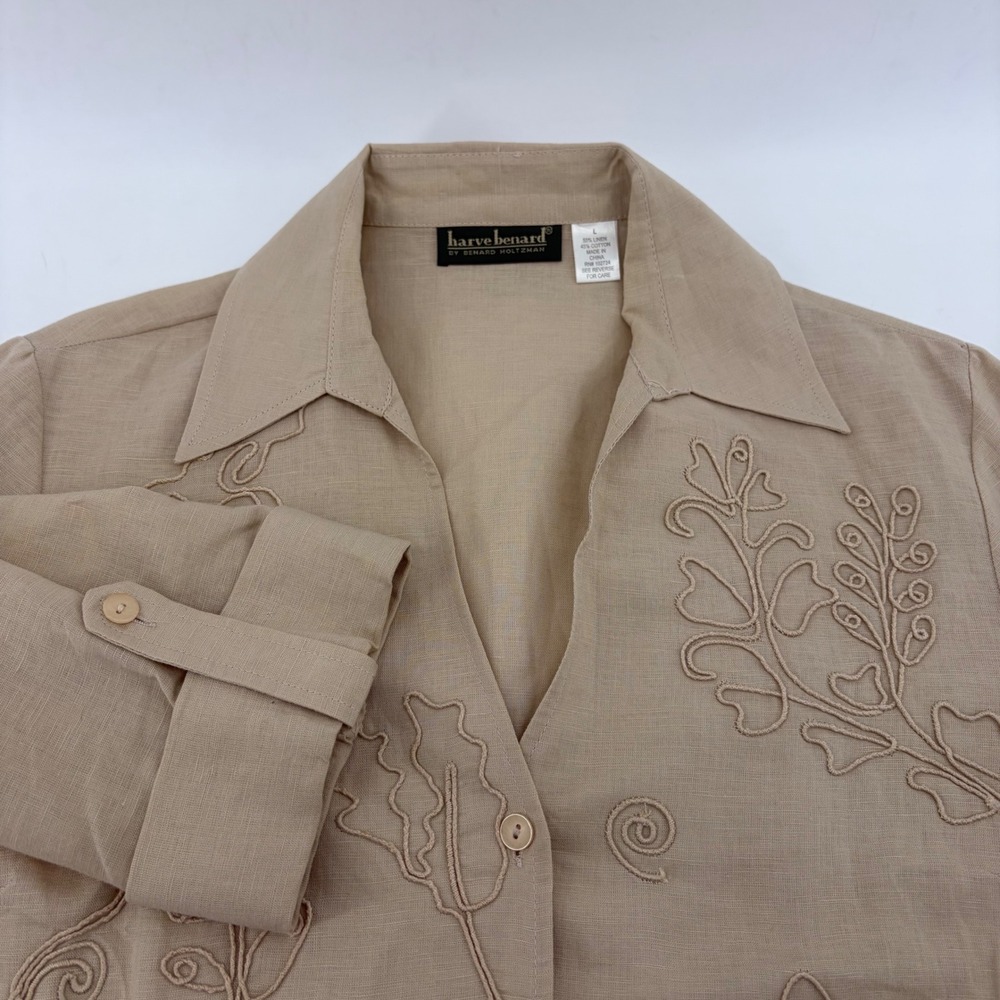 Harve Benard Linen Cotton Floral Soutache Embroidered Button Up Blouse Beige‎ L
